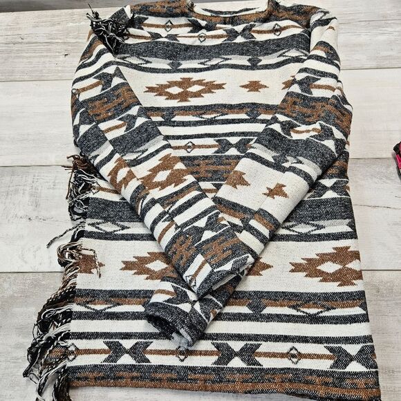 Me Jane Southwestern Fringe Open Front Cardigan Jacket Brown Cream Aztec Print - Picture 8 of 10